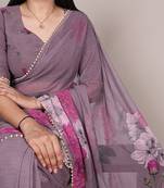 purple georgette saree with floral print and pearl lace