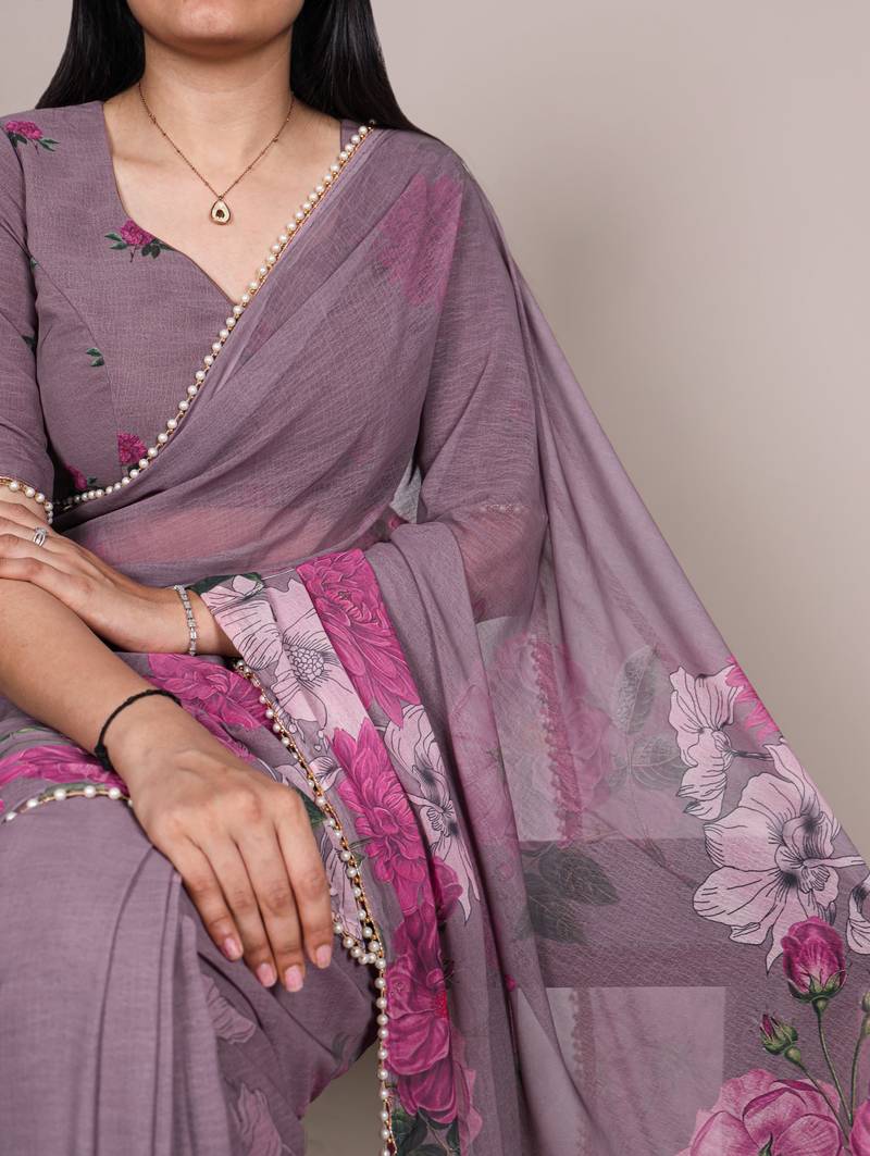 Purple color Floral Printed With Pearl Lace Border  Georgette  Saree