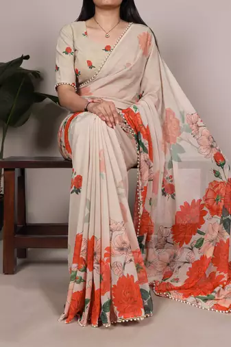 White color Floral Printed With Pearl Lace Border  Georgette  Saree