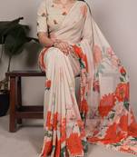 white georgette saree with floral print and pearl lace