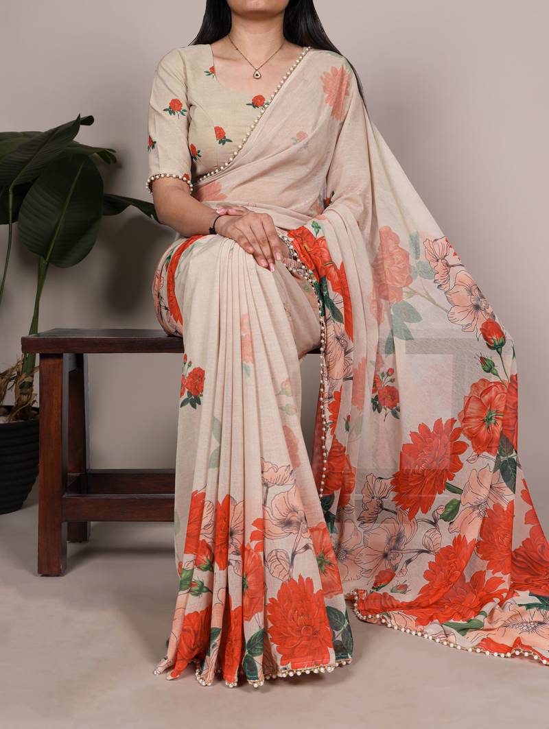 White color Floral Printed With Pearl Lace Border  Georgette  Saree