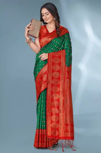 Green soft silk paithani zari weaving saree with contrast blouse piece