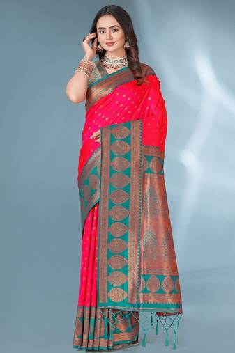 Pink soft silk paithani zari weaving saree with contrast blouse piece