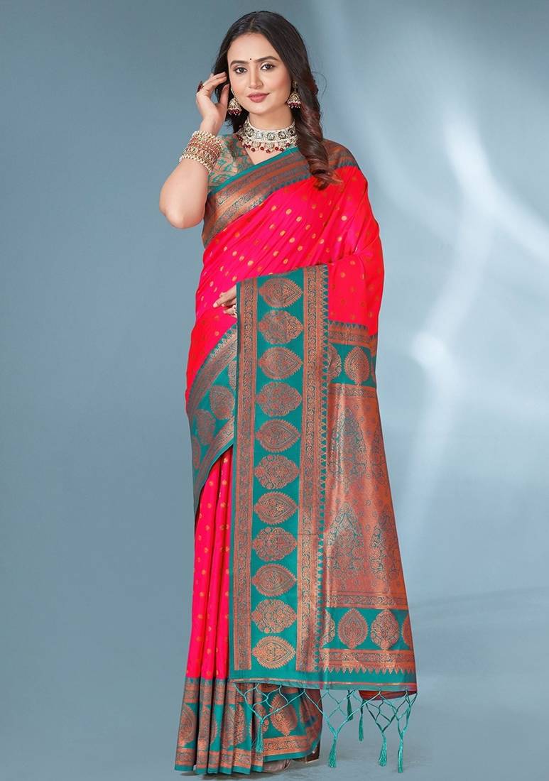 Pink soft silk paithani zari weaving saree with contrast blouse piece