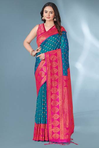 Teal soft silk paithani zari weaving saree with contrast blouse piece