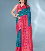 teal silk blend saree with heavy zari pallu design