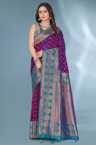 Purple soft silk paithani zari weaving saree with contrast blouse piece