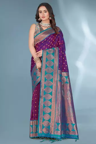 Purple soft silk paithani zari weaving saree with contrast blouse piece