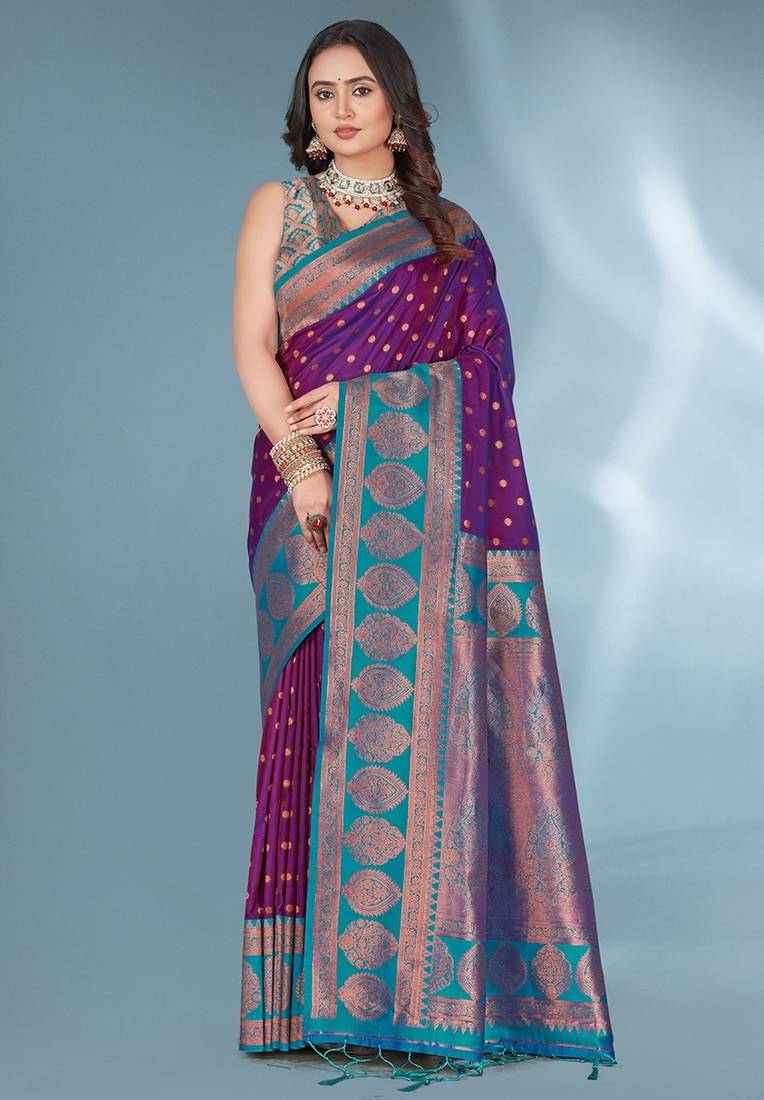 Purple soft silk paithani zari weaving saree with contrast blouse piece