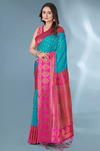 Blue soft silk paithani zari weaving saree with contrast blouse piece