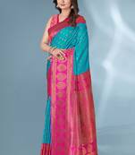 blue silk blend saree with heavy zari pallu design