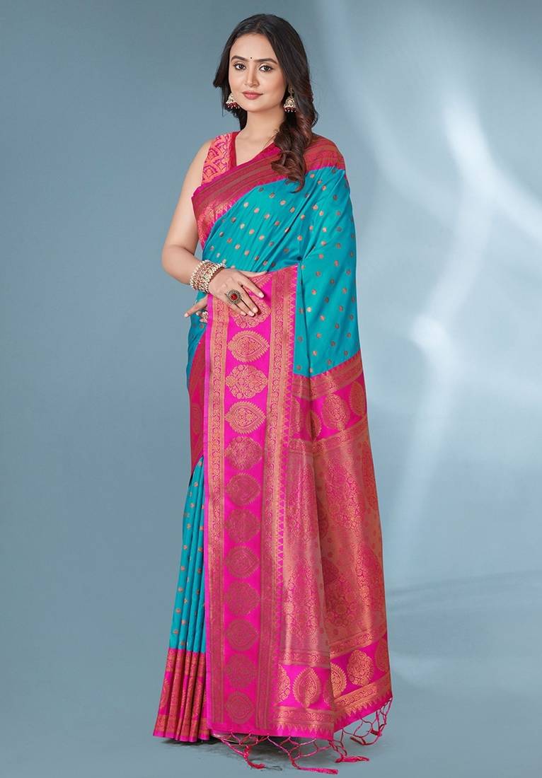 Blue soft silk paithani zari weaving saree with contrast blouse piece