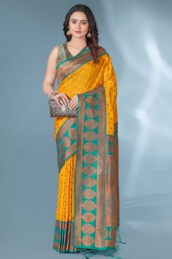 Mustard soft silk paithani zari weaving saree with contrast blouse piece