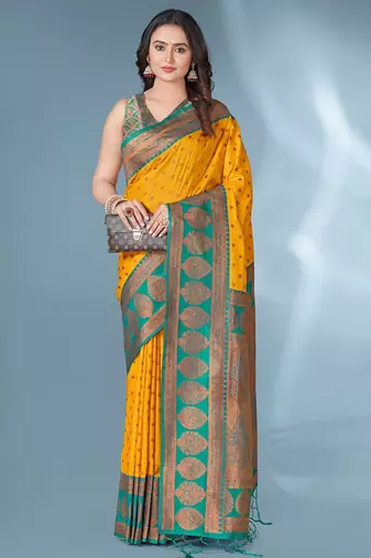 Mustard soft silk paithani zari weaving saree with contrast blouse piece