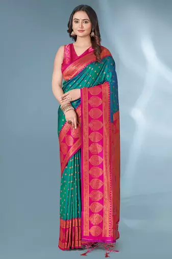 Teal soft silk paithani zari weaving saree with contrast blouse piece
