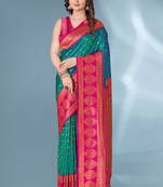 teal silk saree with paithani zari weaving design