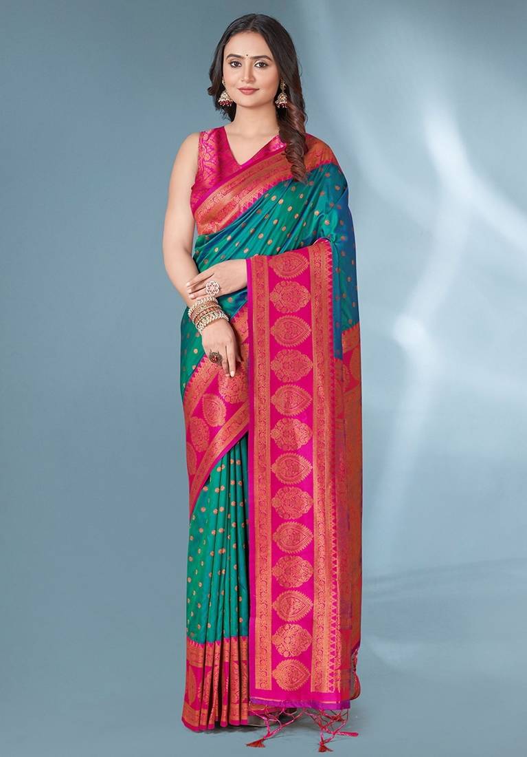 Teal soft silk paithani zari weaving saree with contrast blouse piece