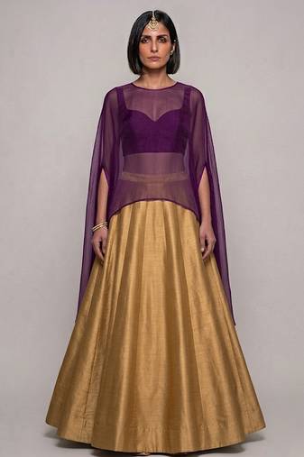 Gold Raw Silk Indo Western Lehenga Set With Purple Blouse