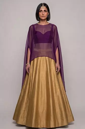 Gold Raw Silk Indo Western Lehenga Set With Purple Blouse