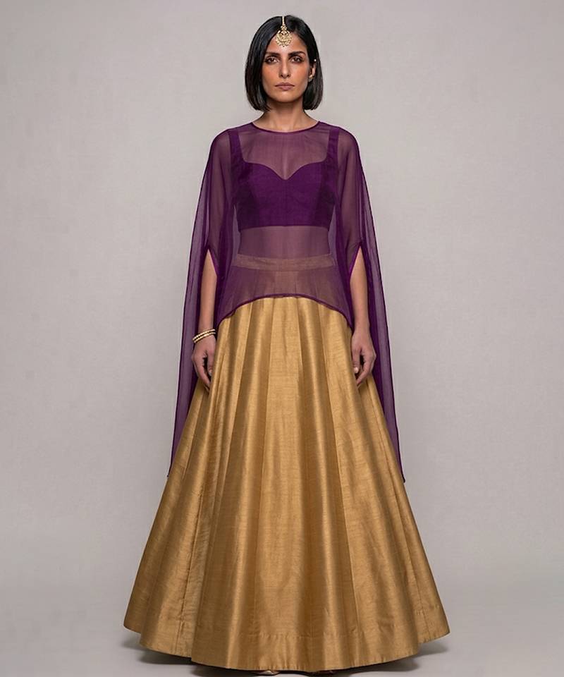 Gold Raw Silk Indo Western Lehenga Set With Purple Blouse