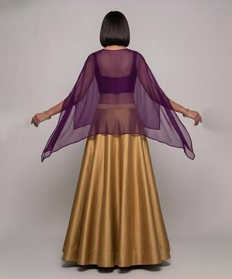 Gold Raw Silk Indo Western Lehenga Set With Purple Blouse 2