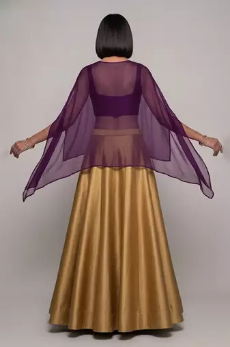 Gold Raw Silk Indo Western Lehenga Set With Purple Blouse