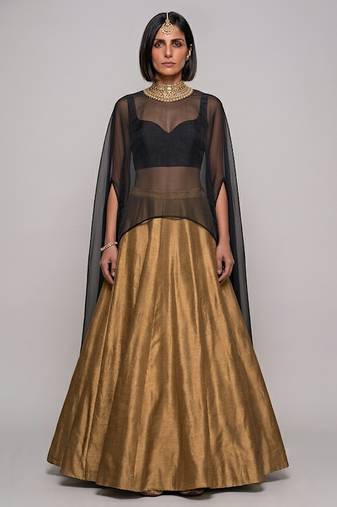 Gold Raw Silk Indo Western Lehenga Set With Black Blouse