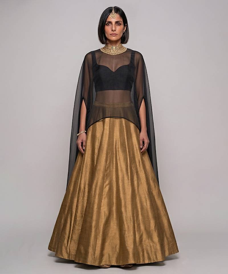Gold Raw Silk Indo Western Lehenga Set With Black Blouse