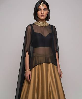 Gold Raw Silk Indo Western Lehenga Set With Black Blouse 2