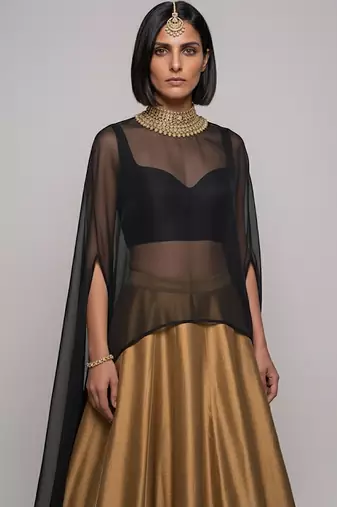 Gold Raw Silk Indo Western Lehenga Set With Black Blouse