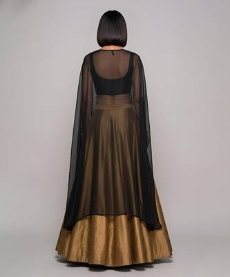 Gold Raw Silk Indo Western Lehenga Set With Black Blouse 3