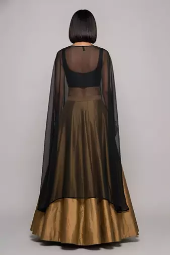 Gold Raw Silk Indo Western Lehenga Set With Black Blouse