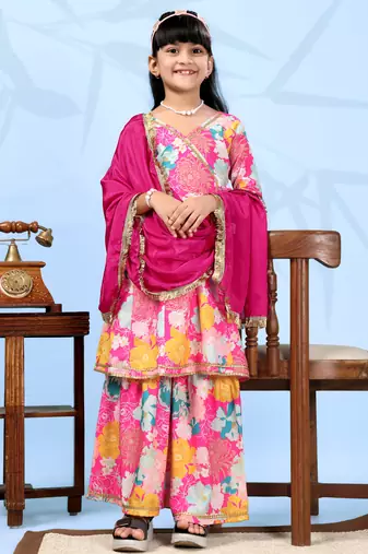 pink rayon girls lehenga choli with floral printed design