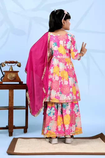 pink rayon girls lehenga choli with floral printed design