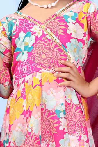 pink rayon girls lehenga choli with floral printed design
