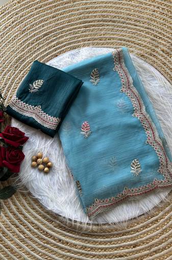 Sky Blue color Embroidery and detailed border work chiffon saree