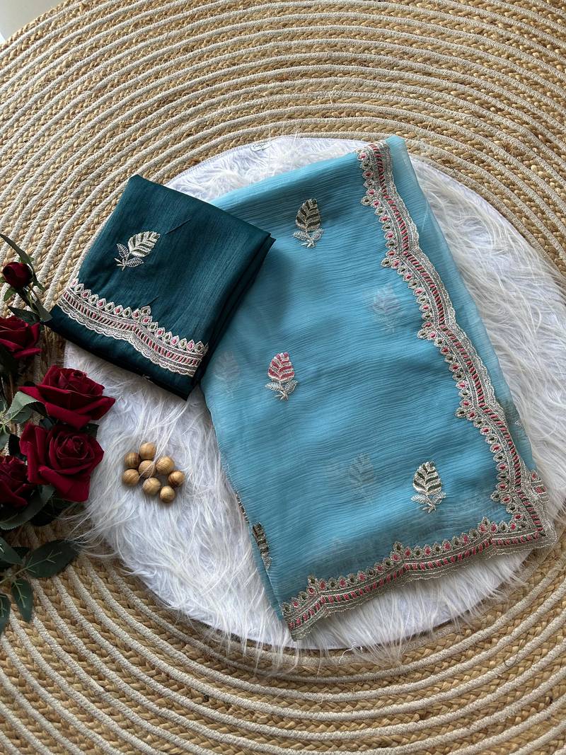 Sky Blue color Embroidery and detailed border work chiffon saree