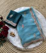 Sky Blue color Embroidery and detailed border work chiffon saree
