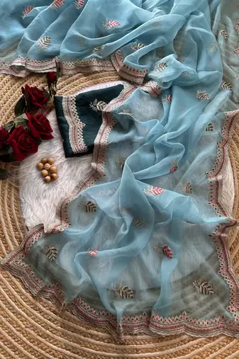 sky blue chiffon saree with embroidery border