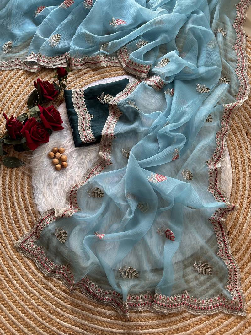 Sky Blue color Embroidery and detailed border work chiffon saree