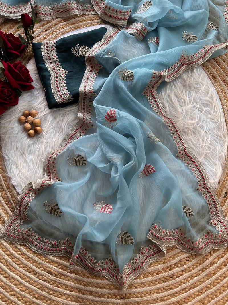 Sky Blue color Embroidery and detailed border work chiffon saree