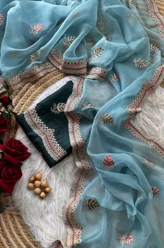 sky blue chiffon saree with embroidery border