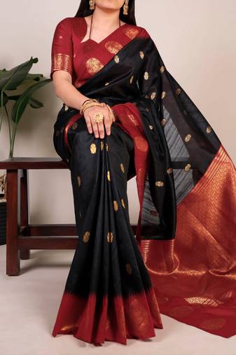 Black color Zari Weaving Work Poly Cotton  Saree