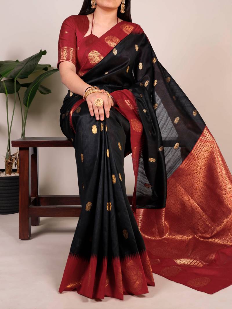 Black color Zari Weaving Work Poly Cotton  Saree
