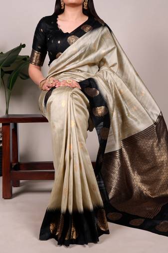 cream color Zari Weaving Work Poly Cotton  Saree