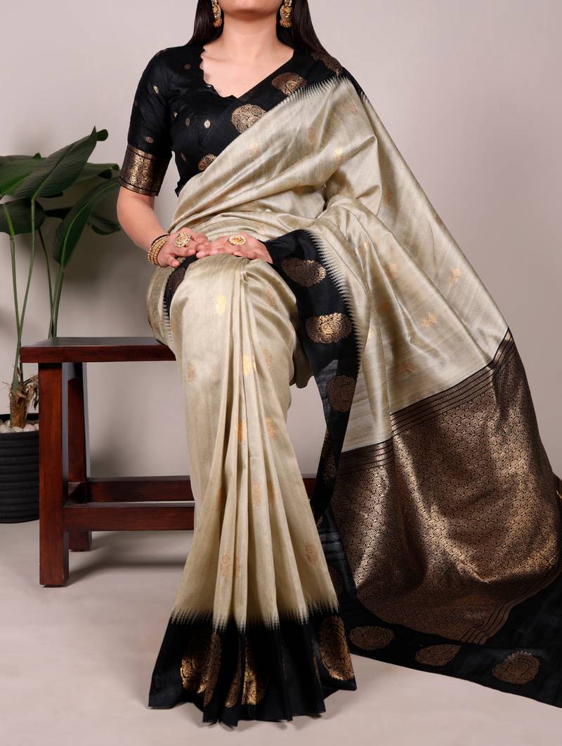 cream color Zari Weaving Work Poly Cotton  Saree