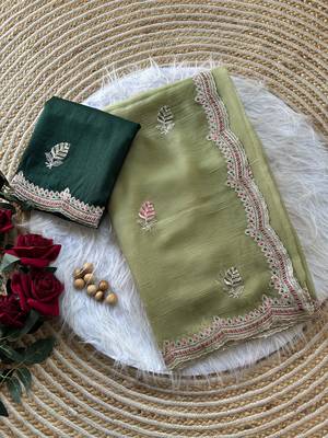 parrot green chiffon saree with embroidery border 1