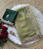 Parrot Green color Embroidery and detailed border work chiffon saree