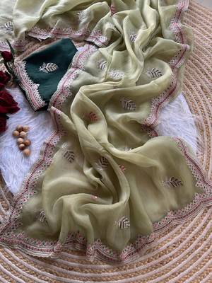 parrot green chiffon saree with embroidery border 3