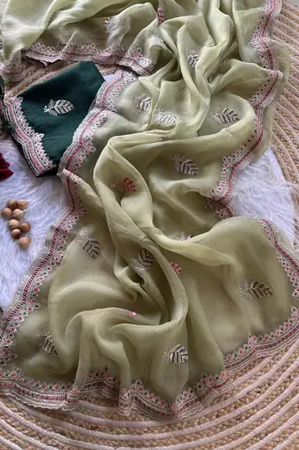 parrot green chiffon saree with embroidery border